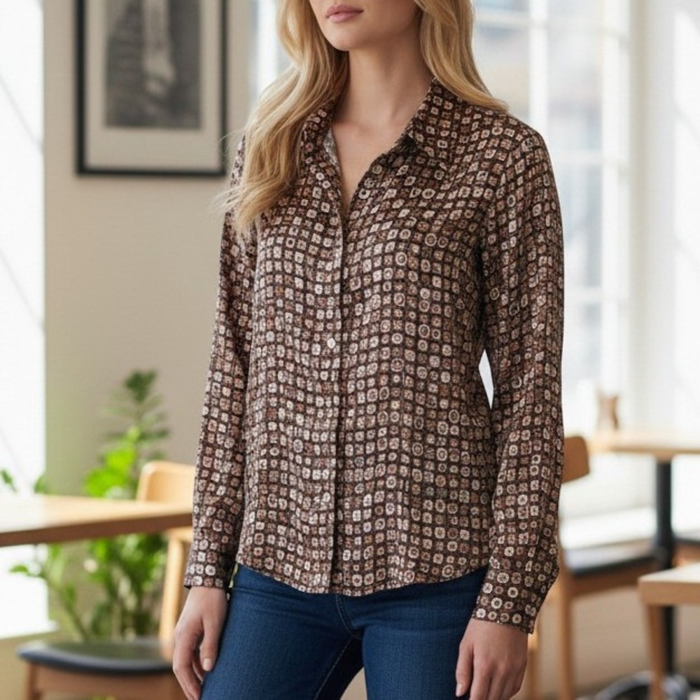 Vintage Button-Up Shirt‎ Brown Abstract Print Long Sleeve size 12 Fitted
